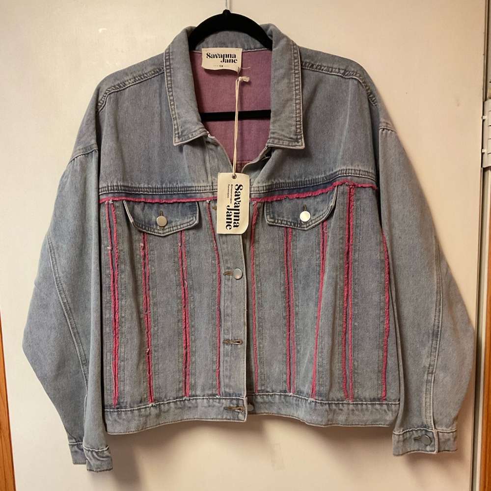 Women's Light Blue Denim Jacket with Pink Trim